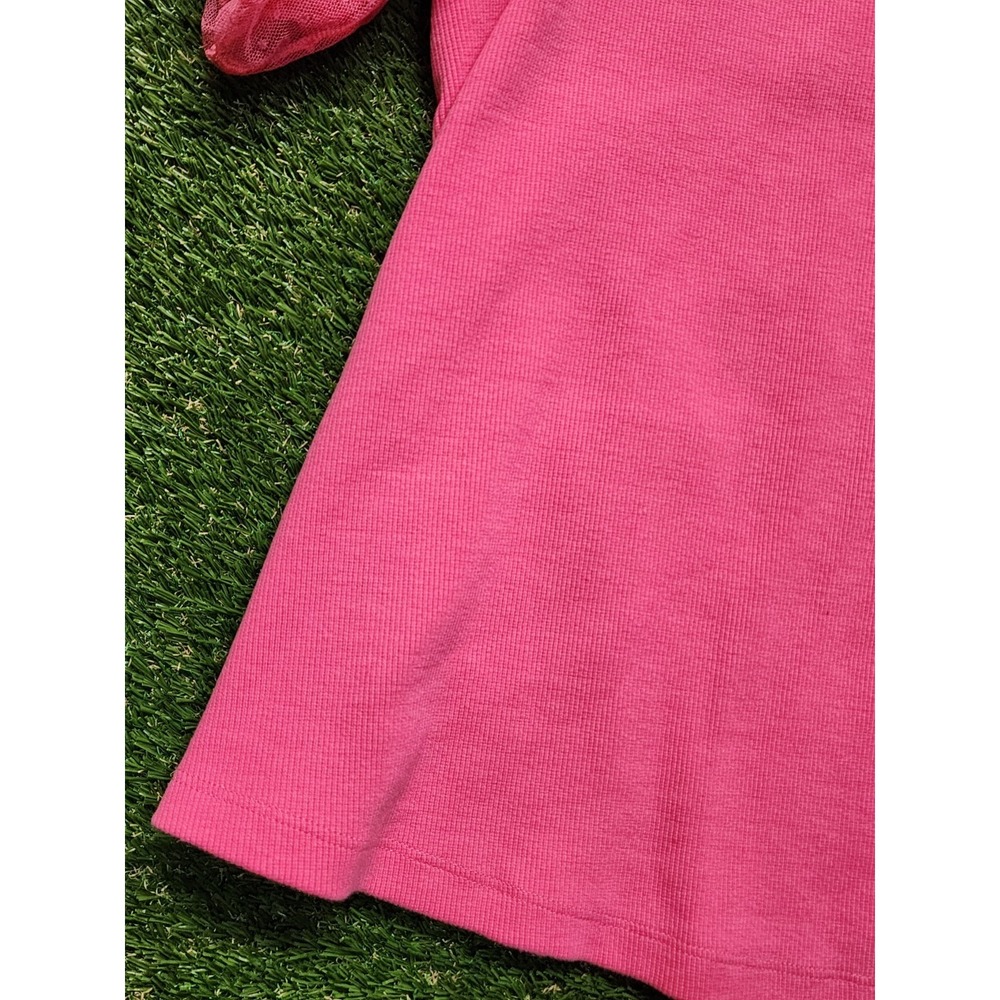 Maeve Anthropologie Hot Pink Ribbed T-Shirt Swiss Dot Ruffle Tulle Sleeve 1X - Picture 6 of 8
